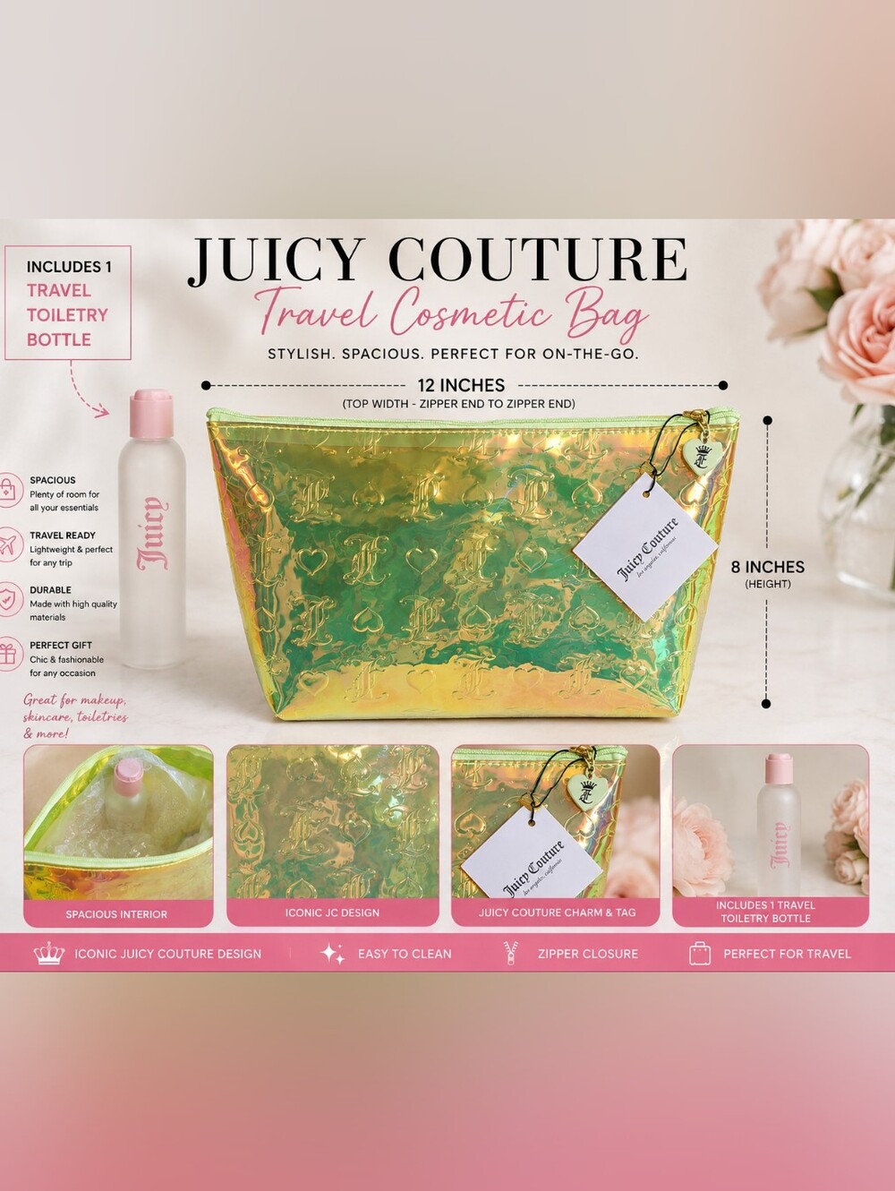 Juicy Couture Holographic Travel Cosmetic Bag + Bottle NWT